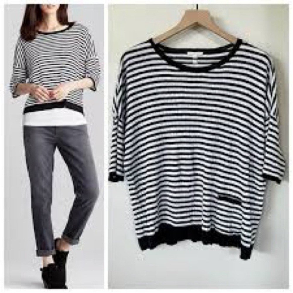 EILLEN FISHER Black & White Striped Body Linen Knit Ribbed Top